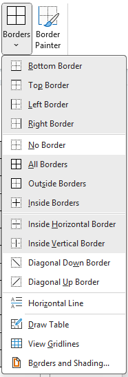 Table Design Borders drop down menu
